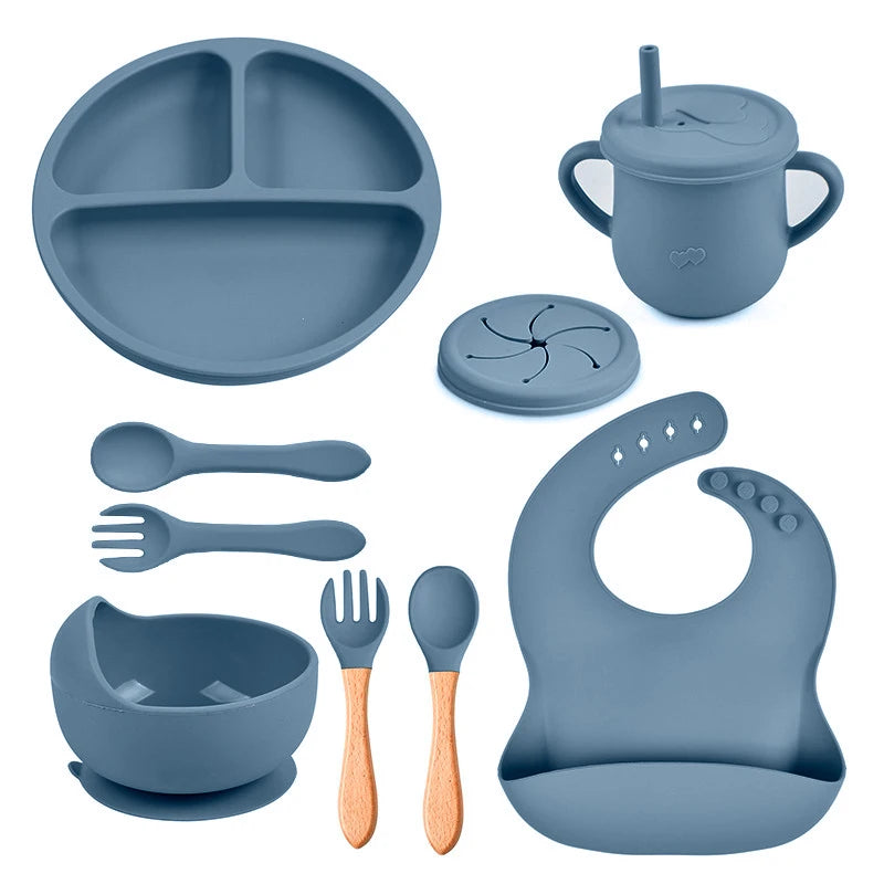 8PCS Baby Feeding Set Waterproof Bibs Kids Sucker Dinner Plate Antislip Bowl Spoon Cup Children&