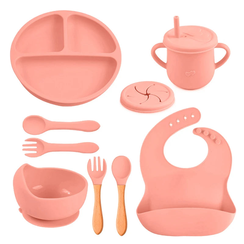 8PCS Baby Feeding Set Waterproof Bibs Kids Sucker Dinner Plate Antislip Bowl Spoon Cup Children&