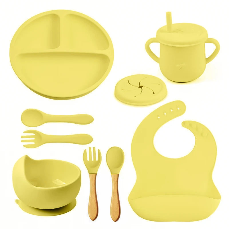 8PCS Baby Feeding Set Waterproof Bibs Kids Sucker Dinner Plate Antislip Bowl Spoon Cup Children&
