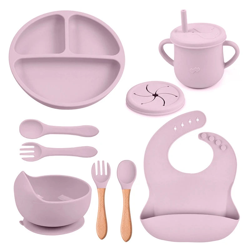 8PCS Baby Feeding Set Waterproof Bibs Kids Sucker Dinner Plate Antislip Bowl Spoon Cup Children&