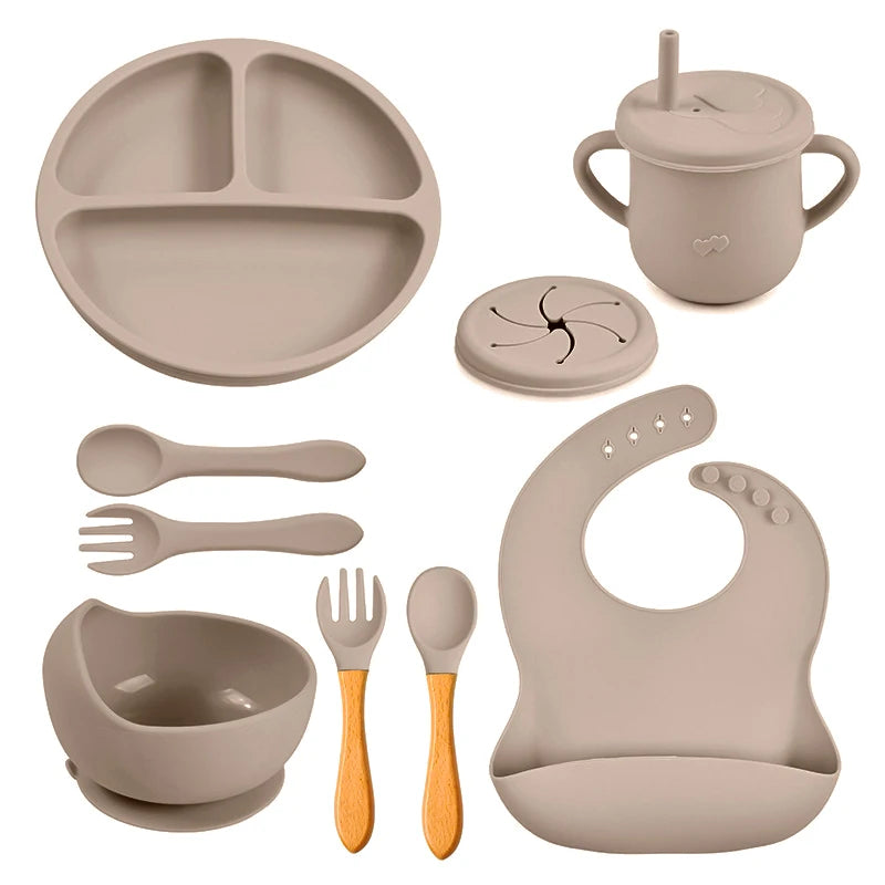 8PCS Baby Feeding Set Waterproof Bibs Kids Sucker Dinner Plate Antislip Bowl Spoon Cup Children&