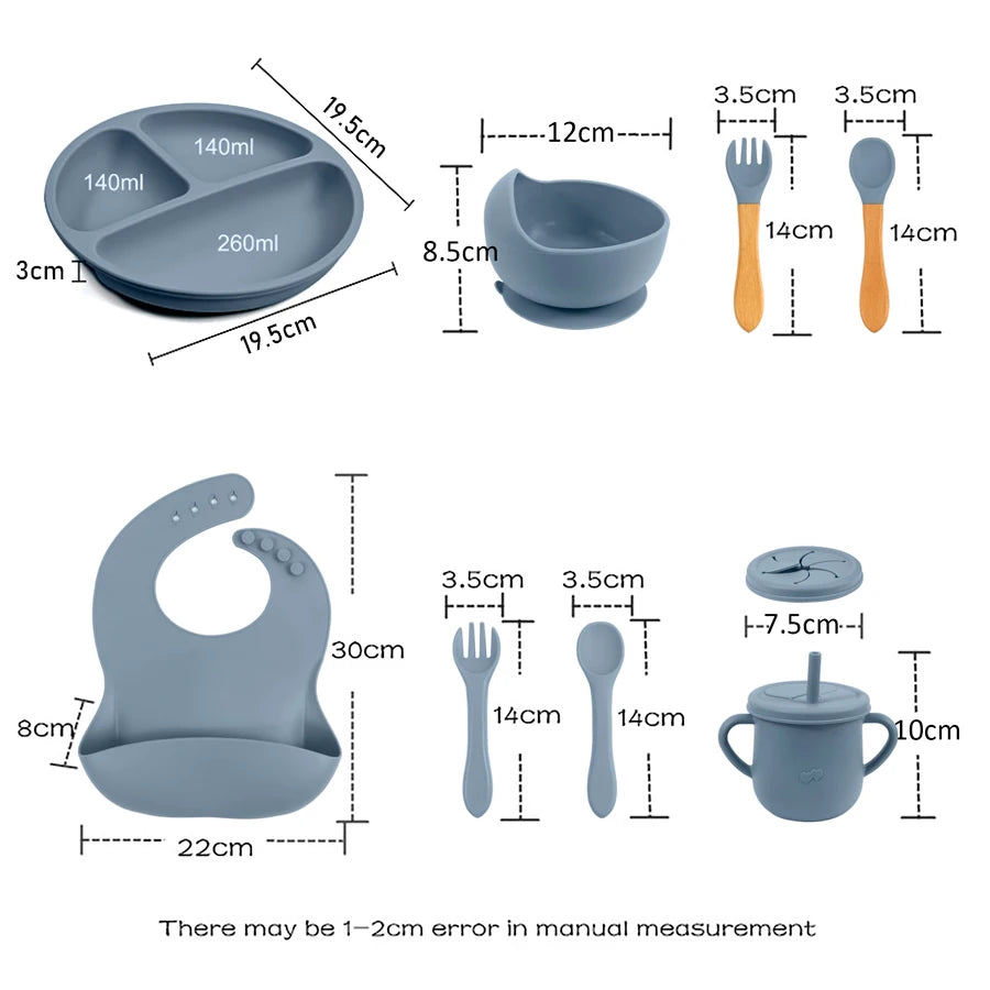 8PCS Baby Feeding Set Waterproof Bibs Kids Sucker Dinner Plate Antislip Bowl Spoon Cup Children&