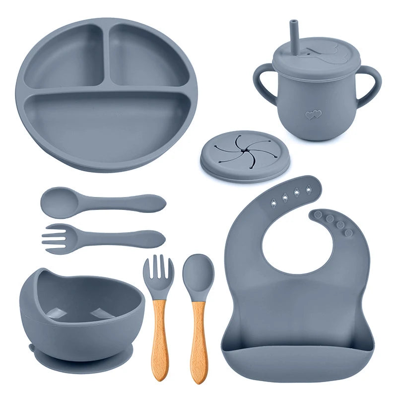 8PCS Baby Feeding Set Waterproof Bibs Kids Sucker Dinner Plate Antislip Bowl Spoon Cup Children&