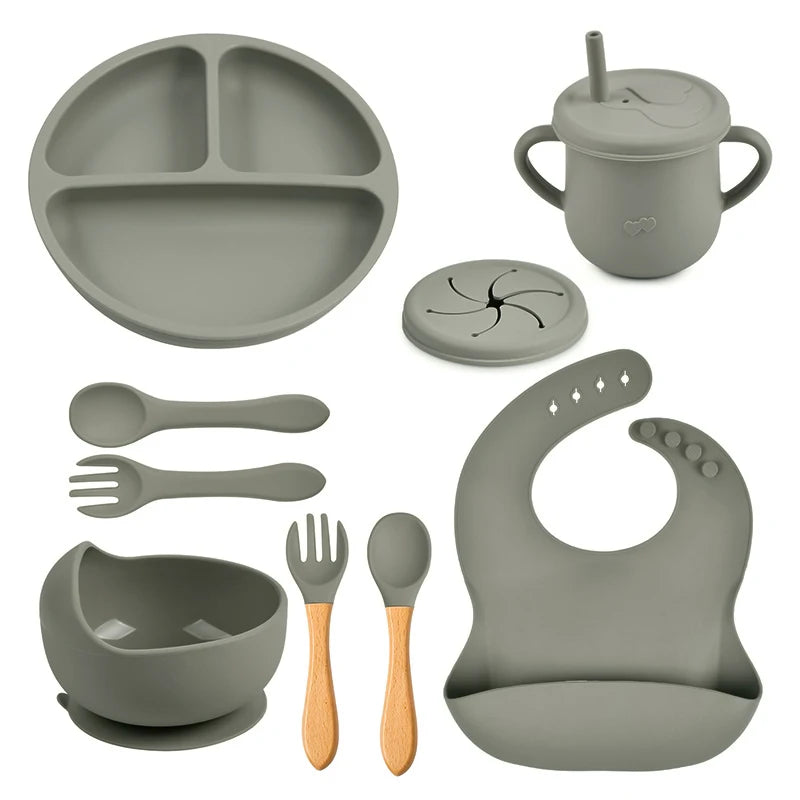 8PCS Baby Feeding Set Waterproof Bibs Kids Sucker Dinner Plate Antislip Bowl Spoon Cup Children&