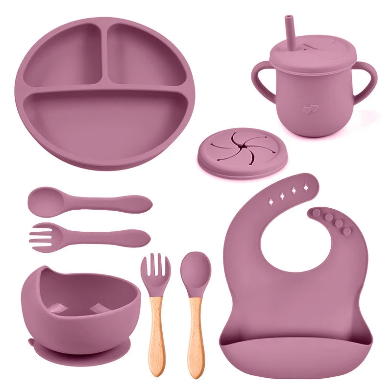 8PCS Baby Feeding Set Waterproof Bibs Kids Sucker Dinner Plate Antislip Bowl Spoon Cup Children&
